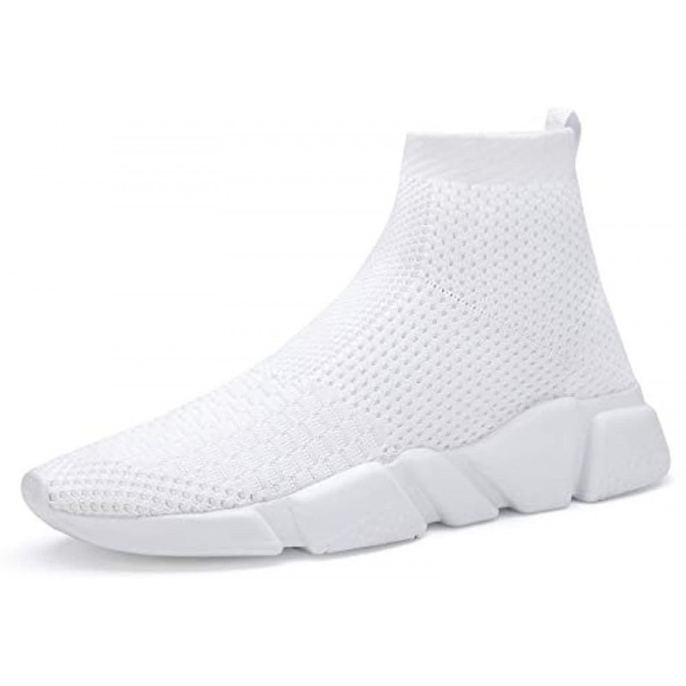 Men's Running Shoes Breathable Knit Slip On Sneakers Lightweight Athletic Shoes Casual Sports Shoes High Top White